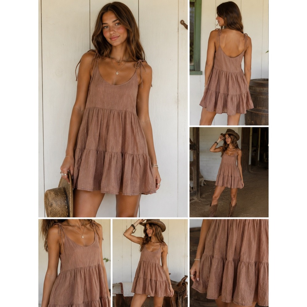 Aerie Tiered Mini Dress XS Brown Gold Metallic Stripe Tie Shoulder Boho